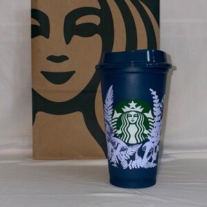Color Changing Starbucks Tumbler with White Fern and mushroom Accents 16oz